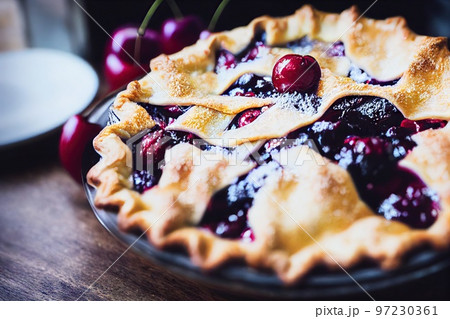 Open cherry pie with sweet jam from ripe cherries 97230361