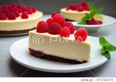 Pieces of cheesecake with raspberries and sprigs of mint on white plate Pieces of cheesecake with raspberries and sprigs of mint on white plate 97230374