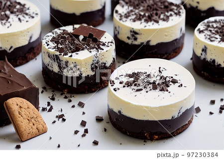 Small round cheesecake pieces decorated with chocolate Small round cheesecake pieces decorated with chocolate 97230384