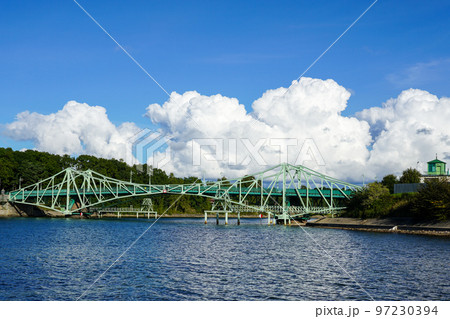 Historical rotatable riveted steel construction car bridge, landmark in Liepaja, Latvia Historical rotatable riveted steel construction car bridge, landmark in Liepaja, Latvia 97230394