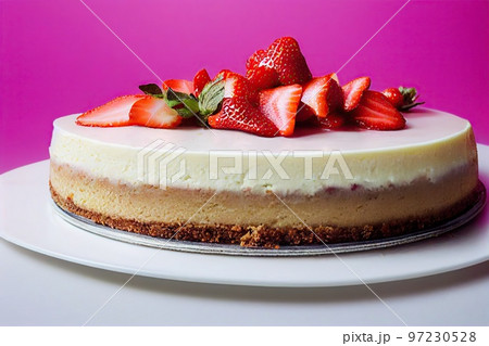 Appetizing beautiful cheesecake decorated with fragrant bright strawberries Appetizing beautiful cheesecake decorated with fragrant bright strawberries 97230528