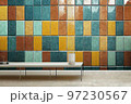 Glossy tiles pattern on wall and bench on floor in abstract room interior background 3D render digital illustration 97230567