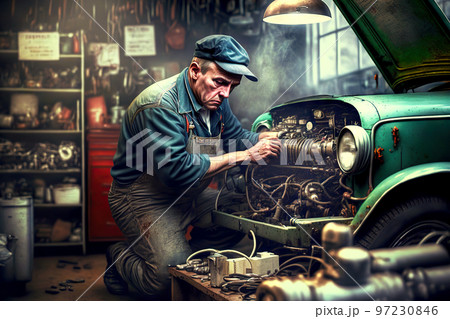 Master in small workshop fixes engine of old auto automotive industry Master in small workshop fixes engine of old auto automotive industry 97230846