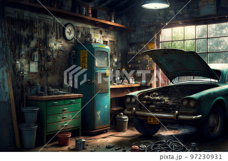 Old car of automotive industry stands in repair garage 97230931