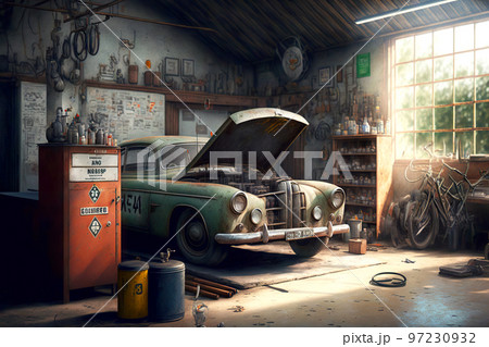 Old car of automotive industry stands in repair garage 97230932
