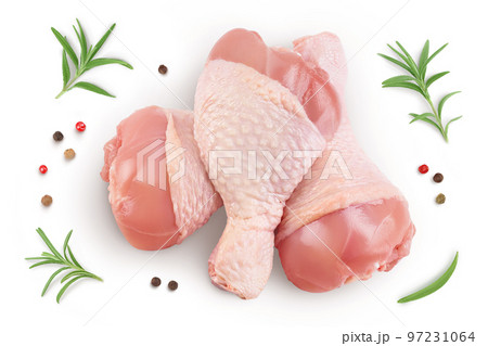 Raw chicken leg or drumstick isolated on white background with full depth of field. Top view. Flat lay Raw chicken leg or drumstick isolated on white background with full depth of field. Top view. Flat lay 97231064