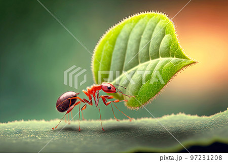 Red strong ants carrying large green leaf - Stock Illustration