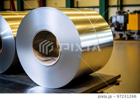 Shiny thin aluminum foil in large rolls in aluminum industry factory warehouse 97231266