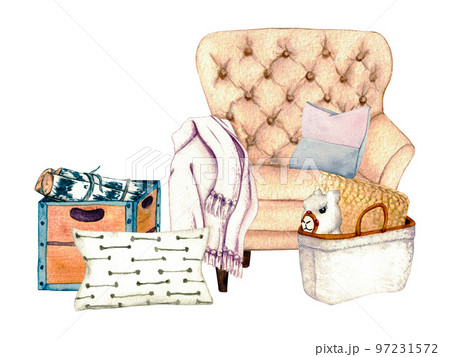 Watercolor illustration interior of living room with sofa, pillows, decor. Clipart. Home decor elements on a white background. Wicker basket. Toy lama. Armchair, furniture 97231572