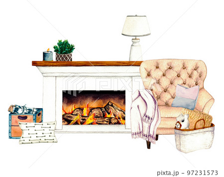 Fireplace. Watercolor illustration interior of living room with sofa, pillows, decor. Clipart. Home decor elements on a white background. Wicker basket. Toy lama. furniture Fireplace. Watercolor illustration interior of living room with sofa, pillows, decor. Clipart. Home decor elements on a white background. Wicker basket. Toy lama. furniture 97231573