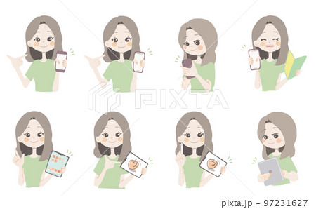 【ガジェットイラスト/スマホ、タブレットを持っている女の子】表情とポーズのバリエーションセット 97231627