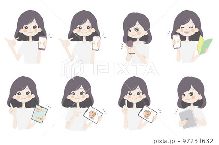 【ガジェットイラスト/スマホ、タブレットを持っている女の子】表情とポーズのバリエーションセット 97231632