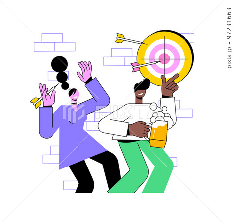 Playing darts isolated cartoon vector illustrations. Group of cheerful friends having fun in pub, people play darts and drink craft beer, eating out in bar, precise shot vector cartoon. 97231663