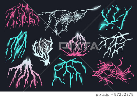 Lightning isolated graphic elements set in flat design. Bundle of flash lights of rain or thunderstorm, colorful energy sparks in night sky of different shapes, electrical effect. Vector illustration. 97232279