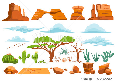 Desert nature isolated graphic elements set in flat design. Bundle of different shape mountains and rocks, stones, clouds in sky, trees, cactus and other plants for arid climate. Vector illustration. 97232282