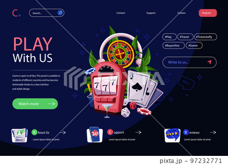 Casino concept in flat cartoon design for homepage layout. Online poker and gambling, slot machine jackpot winning, roulette, dices and card games. Vector illustration for landing page and web banner Casino concept in flat cartoon design for homepage layout. Online poker and gambling, slot machine jackpot winning, roulette, dices and card games. Vector illustration for landing page and web banner 97232771