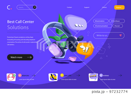 Call center concept in flat cartoon design for homepage layout. Online customer support, problem solving, consulting and chatting with clients. Vector illustration for landing page and web banner Call center concept in flat cartoon design for homepage layout. Online customer support, problem solving, consulting and chatting with clients. Vector illustration for landing page and web banner 97232774