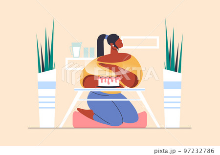 Sugar free and not sweet diet concept with people scene in flat design. Woman follows healthy diet and refuses cakes. Diabetic does not eat sweets. Vector illustration with character situation for web 97232786