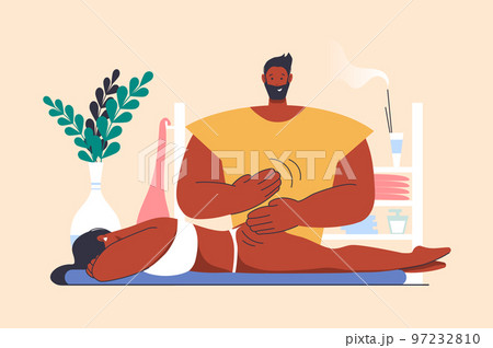 Anti cellulite massage concept with people scene in flat design. Woman lying down and getting professional body treatment from masseur in salon. Vector illustration with character situation for web 97232810