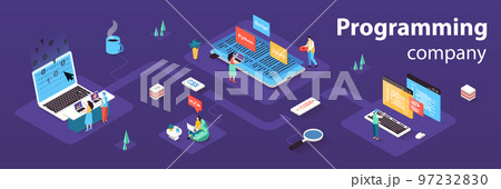 Programming company concept 3d isometric infographics web banner. People create software, writing code for programs, testing mobile applications. Vector illustration in isometry graphic design 97232830