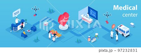 Medical center concept 3d isometric infographics web banner. People visit hospital, receive consultations from therapist, do tests in laboratory. Vector illustration in isometry graphic design 97232831