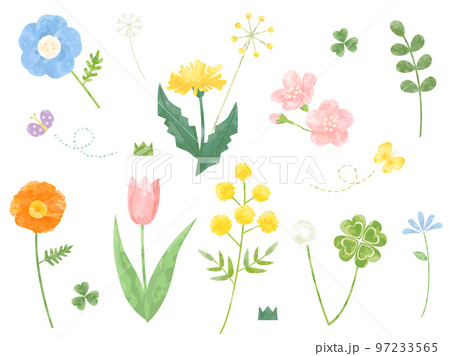 チューリップやタンポポ・桜などの春の花のイラストのセット 97233565
