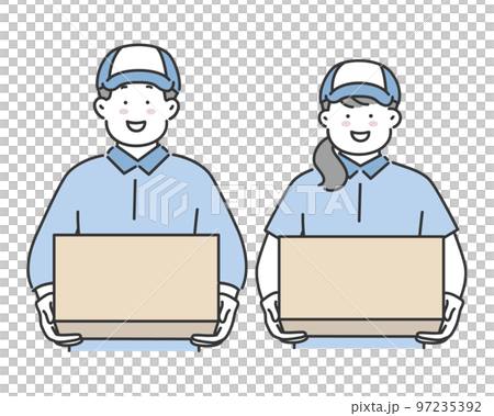 ダンボールを持つ男女の引っ越し業社 作業員 配達員のイラスト素材 ダンボールを持つ男女の引っ越し業社 作業員 配達員のイラスト素材 97235392