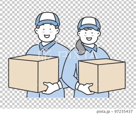 Illustration material of a male and female moving company worker delivery worker with cardboard 97235437
