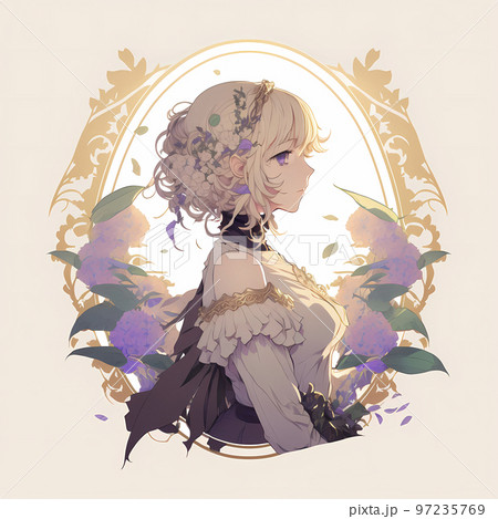 華美な飾り枠があるミュシャ風のイラスト　女性の横顔「AI生成画像」 97235769