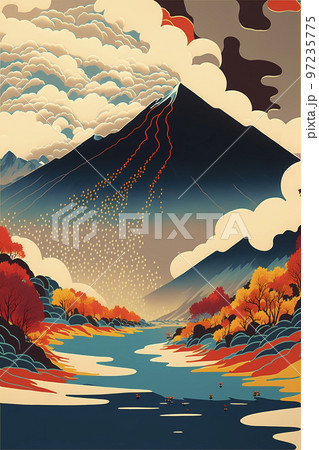 山の斜面と川を背景にした浮世絵的かつ幾何学的抽象化の風景　紅葉「AI生成画像」 97235775