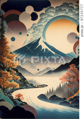 山の斜面と川を背景にした浮世絵的かつ幾何学的抽象化の風景　紅葉「AI生成画像」 97235777