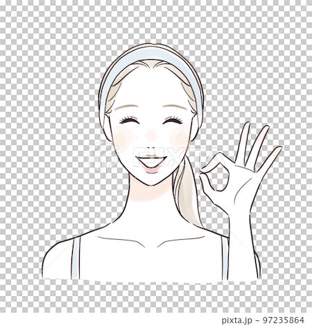 一個微笑的女人給出一個好的手勢,一個結 一個微笑的女人給出一個好的手勢,一個結 97235864