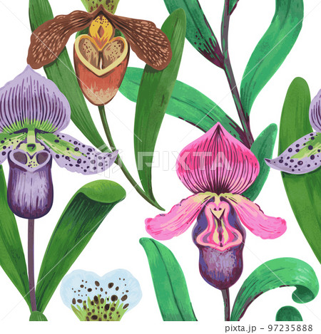 Vector seamless pattern with colorful psychedelic orchid flowers. Hand drawn illustration. Seamless print for textile and wallpaper. 97235888