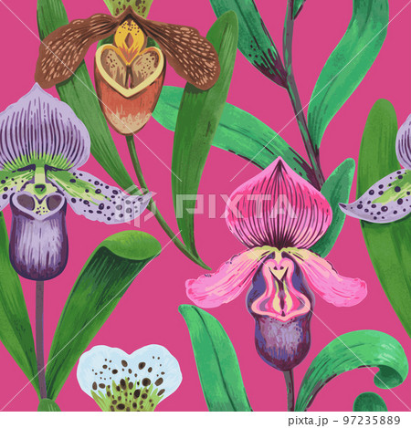 Vector seamless pattern with colorful psychedelic orchid flowers. Hand drawn illustration. Seamless print for textile and wallpaper. 97235889