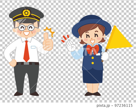 Middle-aged driver and bus guide woman Middle-aged driver and bus guide woman 97236115