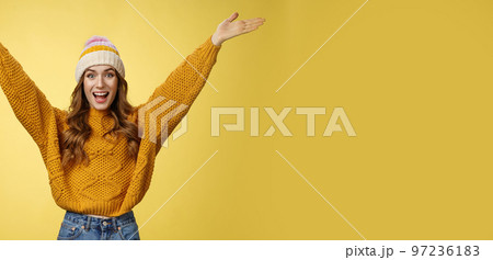 Hooray fantastic news. Portrait excited happy pleased charming young girl raising hands thrilled smiling broadly pleasant surprise meet best friend, celebrating achievement happily Hooray fantastic news. Portrait excited happy pleased charming young girl raising hands thrilled smiling broadly pleasant surprise meet best friend, celebrating achievement happily 97236183