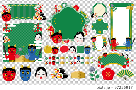 Oni, Ehomaki, Plum, Otafuku Setsubun Day Frame and Icon Illustration Set_Green_No Text 97236917