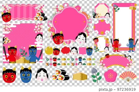 Oni, Ehomaki, Plum, Otafuku Setsubun Day Frame and Icon Illustration Set_Pink_No Text 97236919