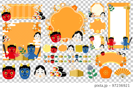 Oni, Ehomaki, Plum, Otafuku Setsubun Day Frame and Icon Illustration Set_Orange_No Text 97236921