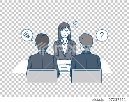Illustration of a young woman nervous at an interview Pressure interview job hunting Illustration of a young woman nervous at an interview Pressure interview job hunting 97237351