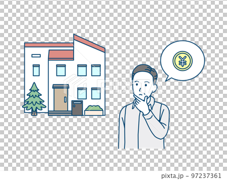 A middle-aged man thinking about a mortgage or selling a house Real estate purchase 97237361