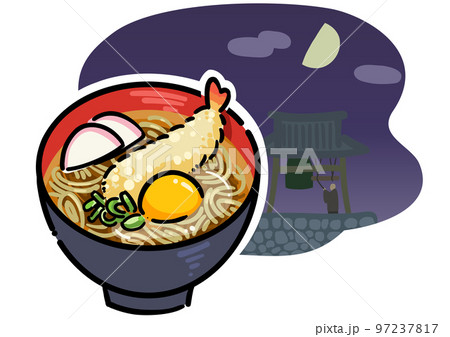 年越しそばと除夜の鐘のイメージイラスト 97237817