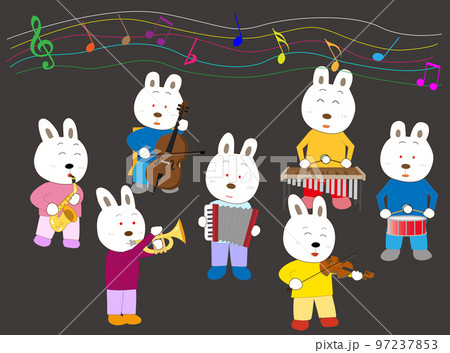 ウサギのコンサート。ウサギが歌を歌ったり楽器を演奏したりしている。 97237853