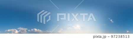 Blue sky panorama with Cirrus clouds. Seamless hdr 360 degree pano in spherical equirectangular format. Sky dome or zenith for 3D visualization, game and sky replacement for aerial drone 360 panoramas 97238513