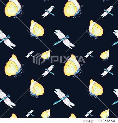 Butterfly and dragonfly watercolor seamless pattern on dark. 97238558