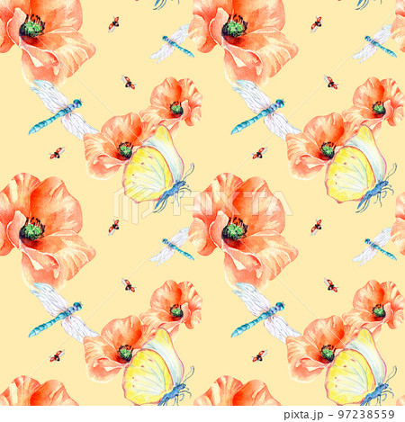 Meadow poppies with beetles watercolor seamless pattern on beige. Meadow poppies with beetles watercolor seamless pattern on beige. 97238559