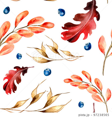 Bright autumn red leaves and spikelet watercolor seamless pattern on white. Bright autumn red leaves and spikelet watercolor seamless pattern on white. 97238565