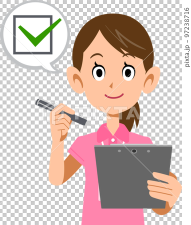 The upper body of a woman in a pink short-sleeved polo shirt and wearing a name tag, filling out a check sheet The upper body of a woman in a pink short-sleeved polo shirt and wearing a name tag, filling out a check sheet 97238716
