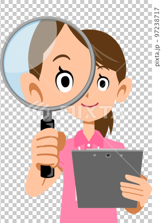 Upper body of a woman wearing a pink short-sleeved polo shirt and a name tag, holding a document and looking through a magnifying glass Upper body of a woman wearing a pink short-sleeved polo shirt and a name tag, holding a document and looking through a magnifying glass 97238717