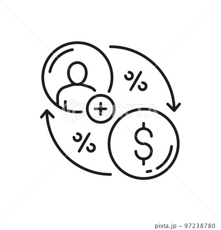 Affiliate marketing, partner program and networking, new partners and earn bonus money chain outline icon. Vector financial network, money distribution 97238780